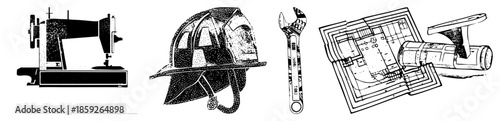 sewing machine fire helmet wrench blueprint camera
