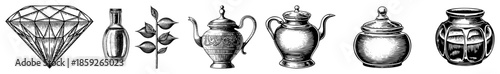 Diamond bottle leaf teapot jar vector set
