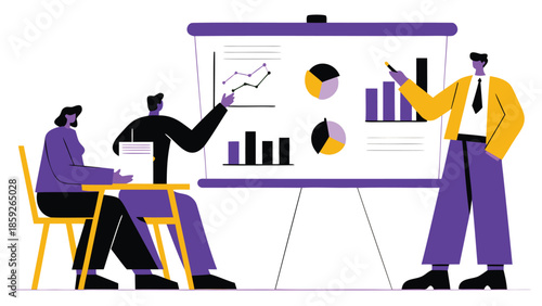 Flat vector illustration of business people discussing marketing strategy with charts and graphs on whiteboard