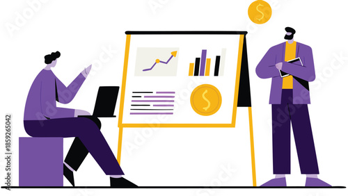 Flat vector illustration of business strategy meeting with two professionals analyzing data on whiteboard and laptop in purple and yellow hues
