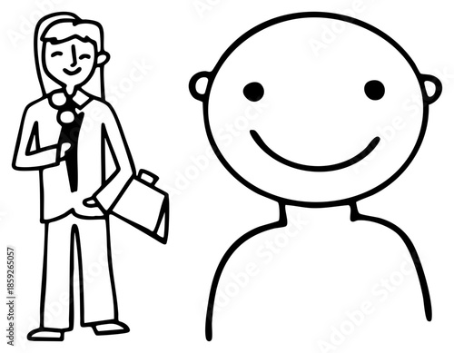 Businesswoman holding briefcase standing next to smiling stick figure