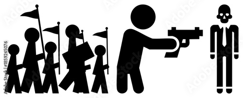 Stick figures with flags pointing gun at suited skull headed figure