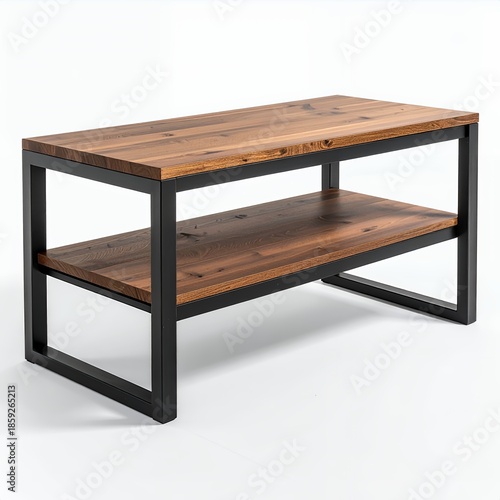 Modern industrial coffee table with wooden shelves against a clean white backdrop