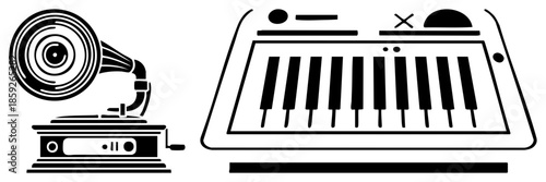 Vintage gramophone and modern synthesizer side by side