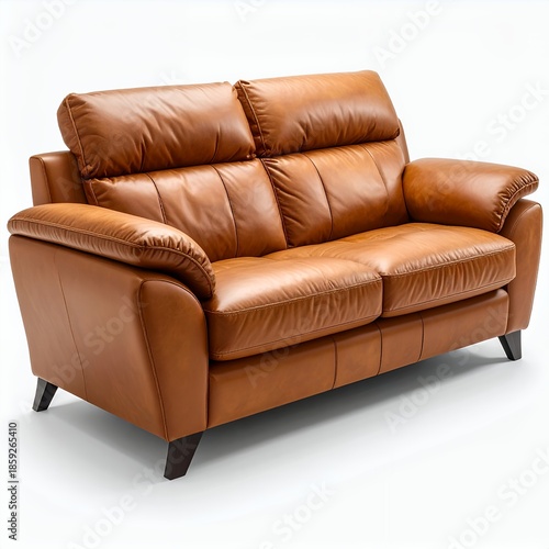 Luxurious two-seater leather sofa in warm tones on a pristine white background