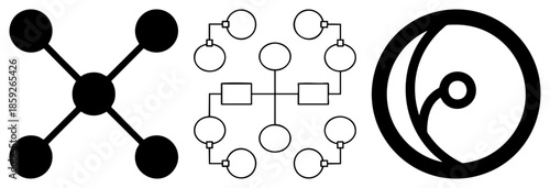Three abstract vector radial node, network diagram, spiral swirl