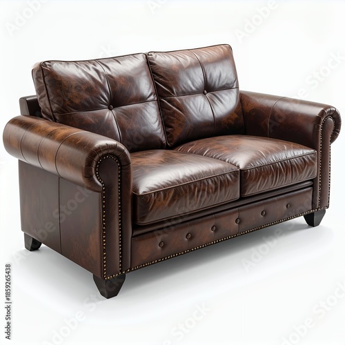 Elegant aged leather sofa showcases detailed design, on a clean white backdrop