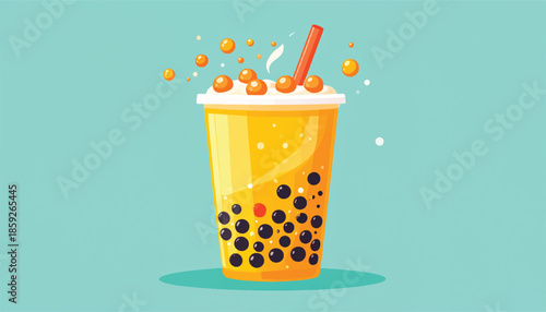 Illustration of a Refreshing Boba Tea Drink with Tapioca Pearls.