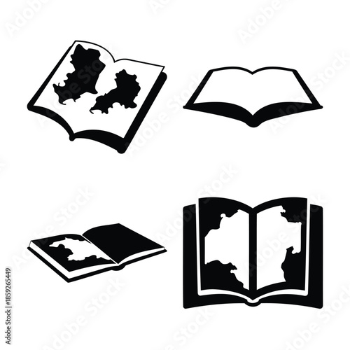 Open book set with abstract map illustrations and blank page
