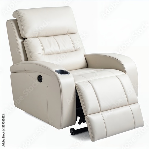 Luxurious white recliner chair with extended footrest isolated on clean backdrop