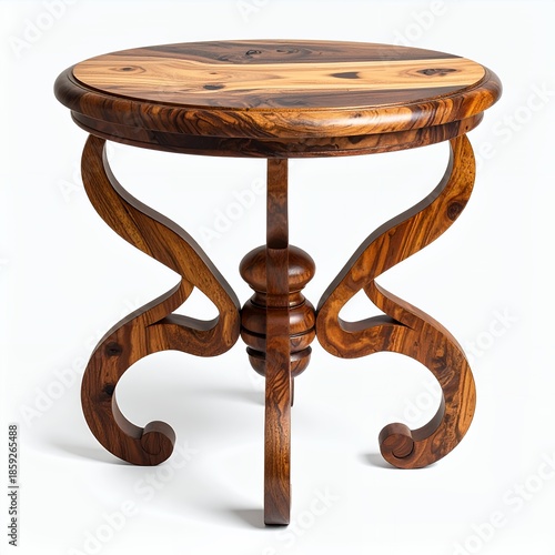 Artisanal handcrafted wooden side table with unique curved legs on white backdrop