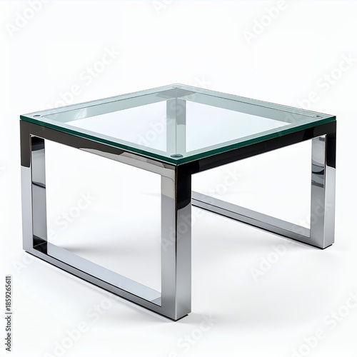 Modern square glass coffee table with chrome frame isolated on white background