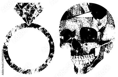 engagement ring and skull black and white distressed vector