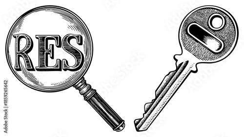magnifying glass revealing res text beside key