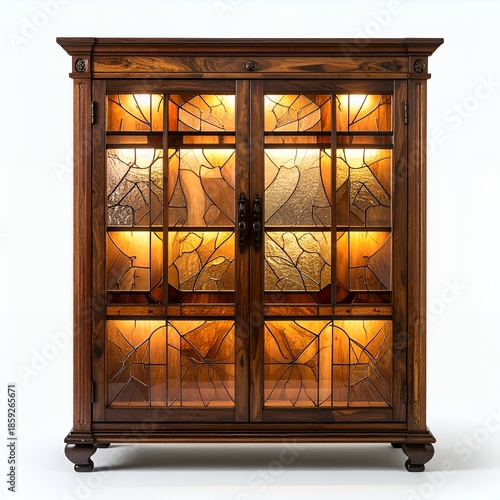 Ornate wooden cabinet with illuminated stained glass on a white background