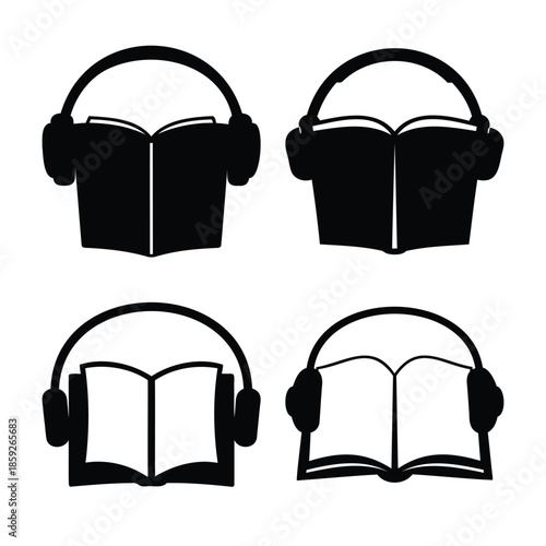 Audiobook and headphones icon set for education and learning