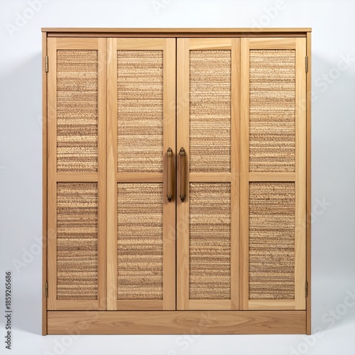Elegant wooden cabinet with woven door panels against a pristine white backdrop