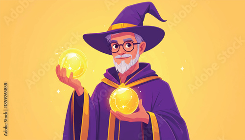 Cartoon Wizard Casting Spells with Magical Orbs in Hands.