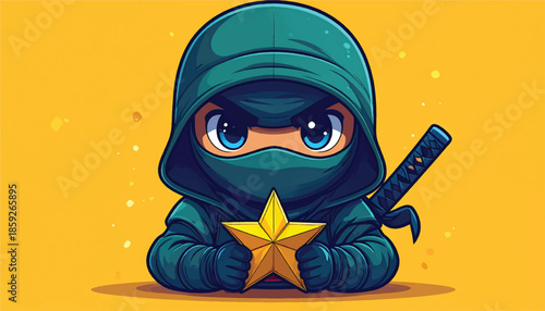 Cute Ninja Character Holding a Golden Star.
