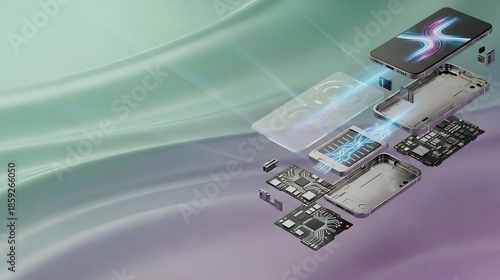 Exploded view of modern smartphone components with glowing circuits on gradient background. Generative AI. 