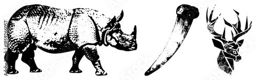 rhino silhouette with tusk and deer head