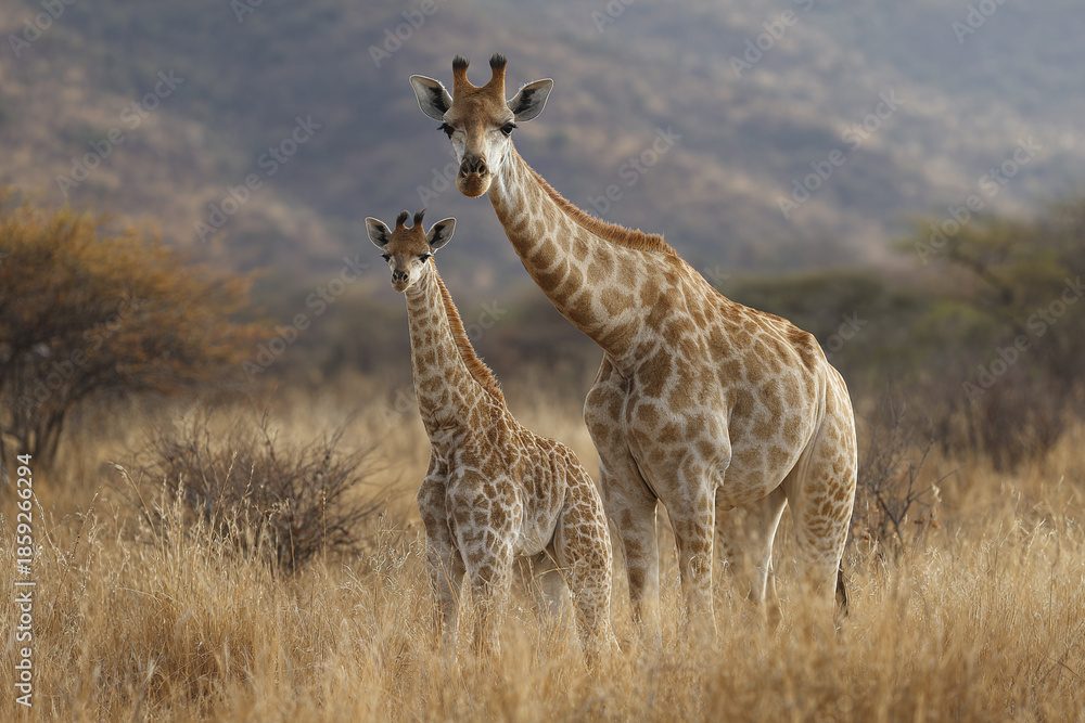 Obraz premium Mother giraffe standing protectively with baby giraffe in savannah grassland, surrounded by dry bushes and distant hills, showcasing natural wildlife beauty and calm atmosphere