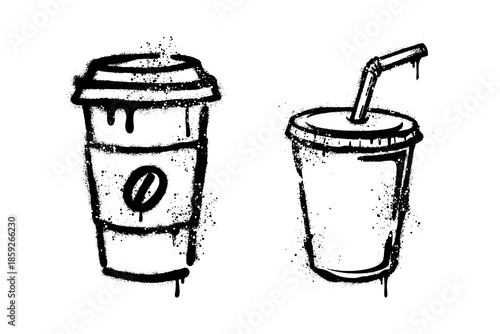 Takeaway coffee and soda drink cups in urban graffiti stencil style