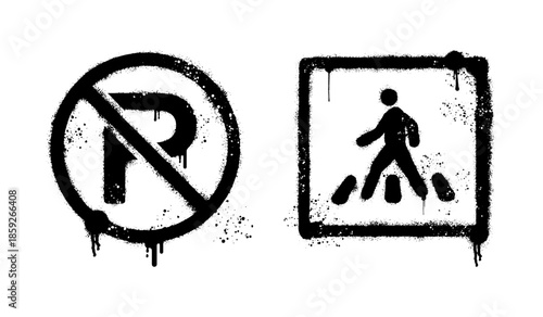 Urban street graffiti signs with no parking and pedestrian crossing symbols