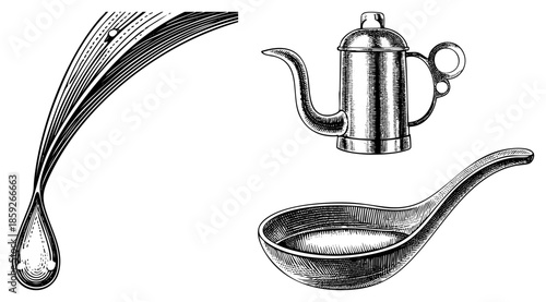tea kettle spoon droplet vintage engraving set