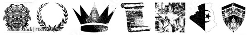 six and symbolic emblems in black and white