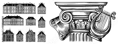 Classical architecture buildings and lyre column capital