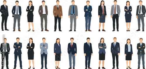 “Business professionals standing together, corporate men and women in formal office attire, diverse workplace team illustration, modern businesspeople vector characters group”
