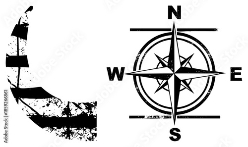 sailboat and compass rose vector