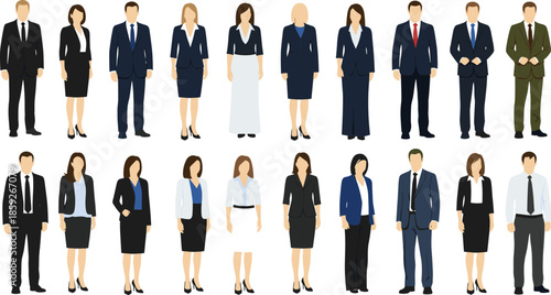 “Business professionals standing illustration, corporate men and women in formal office attire, diverse workplace team vector set, modern business characters artwork”
