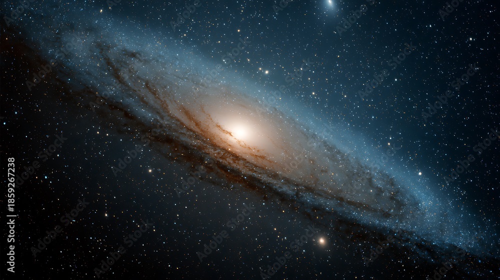 Fototapeta premium A stunning cosmic spectacle, spiral galaxy glows with stellar intensity against a backdrop of dark space