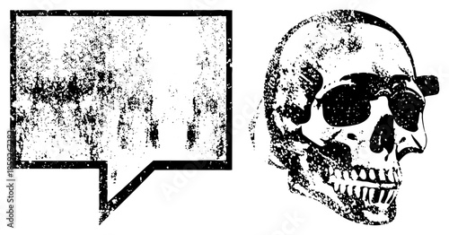Skull wearing sunglasses beside speech bubble