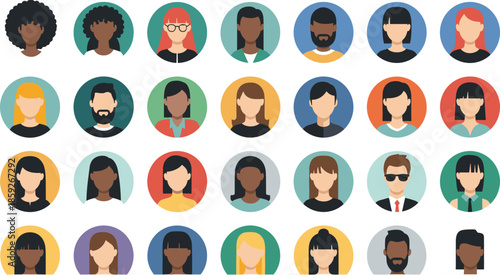 “Diverse avatar icons illustration, flat style profile pictures collection, multicultural people faces vector set, modern user icons artwork pack”