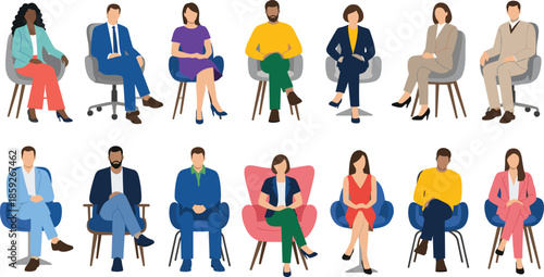 “Diverse business people sitting on chairs, modern office professionals illustration, formal corporate team poses, flat style vector character collection”