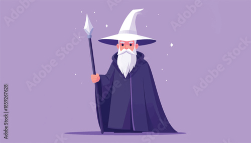 Illustration of a wizard with a staff and white hat.
