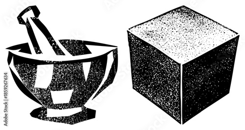 mortar and pestle beside cube