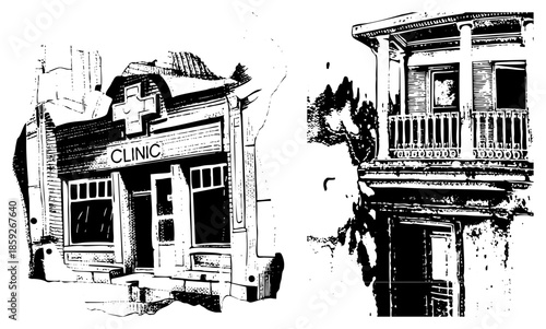 clinic building and victorian house vector illustration