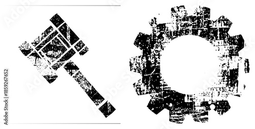 hammer and gear distressed black and white vector