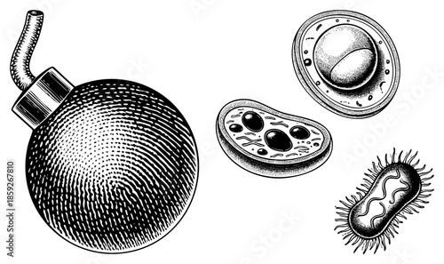Explosive device and microorganisms illustration