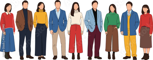 “Stylish group of people standing together, modern casual fashion illustration, diverse men and women vector characters, trendy clothing outfit collection artwork”