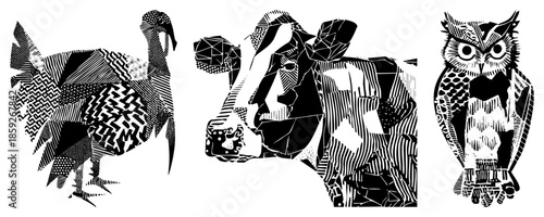 Three animals geometric black and white vector