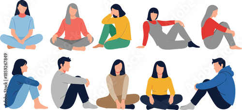 “Sitting people illustration, diverse men and women in casual poses, relaxed seated posture vector set, modern flat style artwork collection”