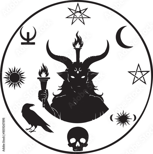 Baphomet symbol with occult elements and mystical creatures