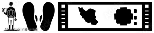 Traveler with backpack holding camera beside footprints and filmstrip with Iran map and camera shutter