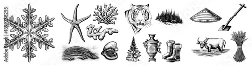 snowflake starfish whalebone pine tree samovar boots ox wheat sheaf