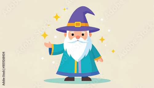 Cartoon Wizard Casting Spell with Magic Wand and Stars.